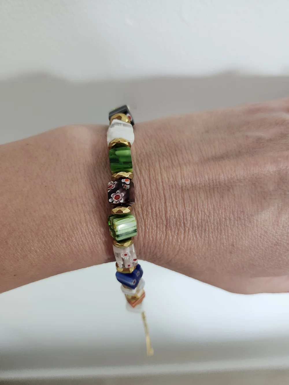 Multicolor Glass Bead Bracelet with Gold Accents